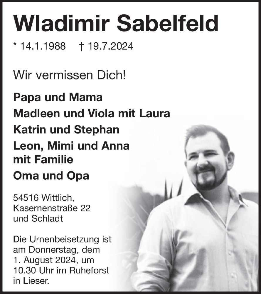  Traueranzeige für Wladimir Sabelfeld vom 26.07.2024 aus WochenSpiegel