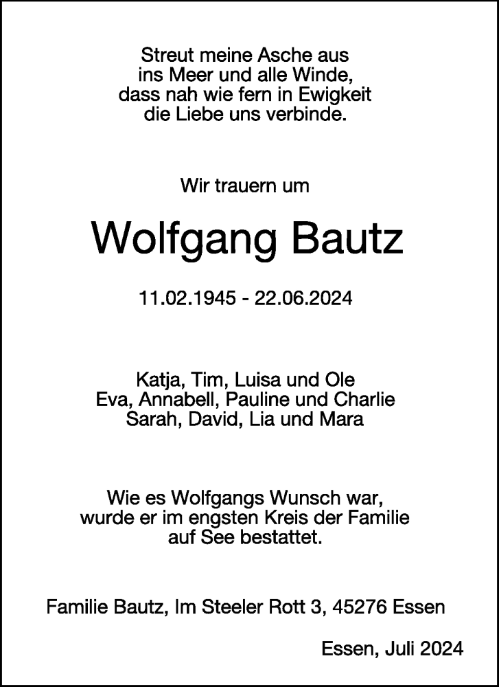  Traueranzeige für Wolfgang Bautz vom 06.07.2024 aus WochenSpiegel