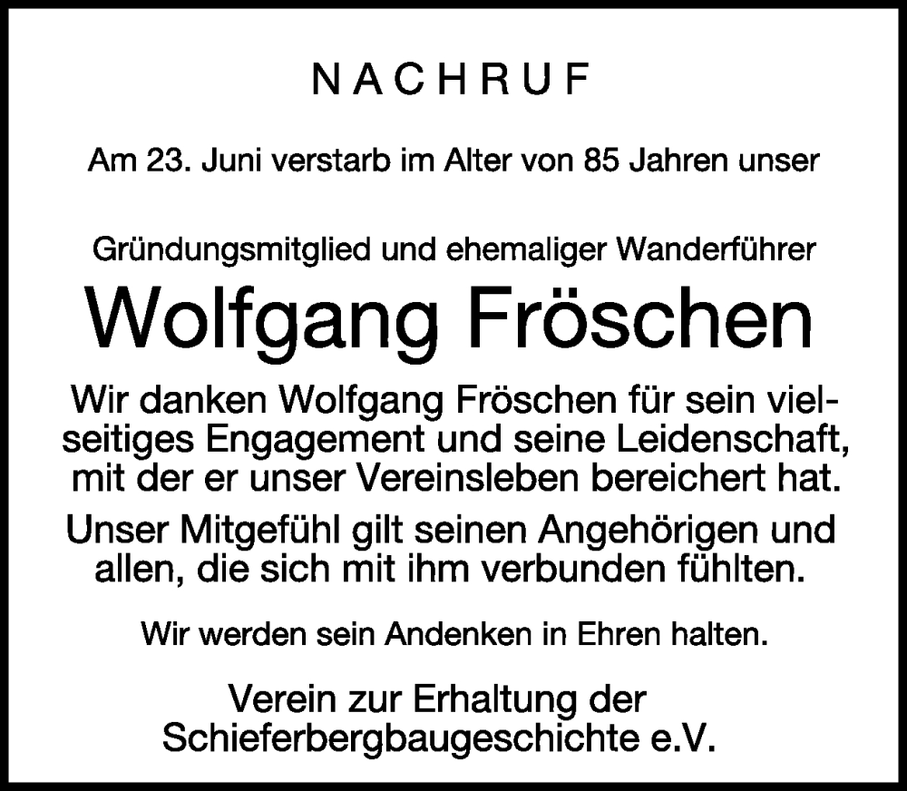  Traueranzeige für Wolfgang Fröschen vom 03.07.2024 aus WochenSpiegel