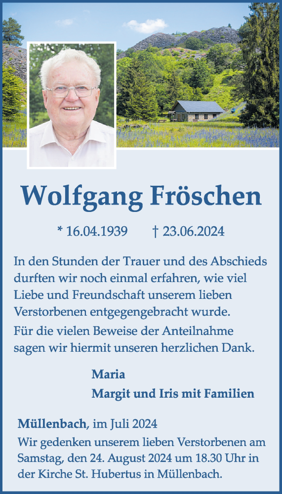  Traueranzeige für Wolfgang Fröschen vom 17.07.2024 aus WochenSpiegel