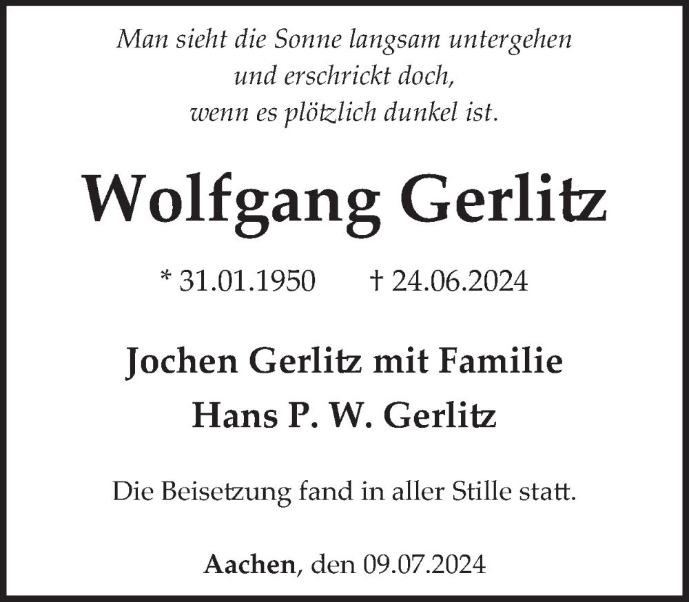  Traueranzeige für Wolfgang Gerlitz vom 24.07.2024 aus WochenSpiegel