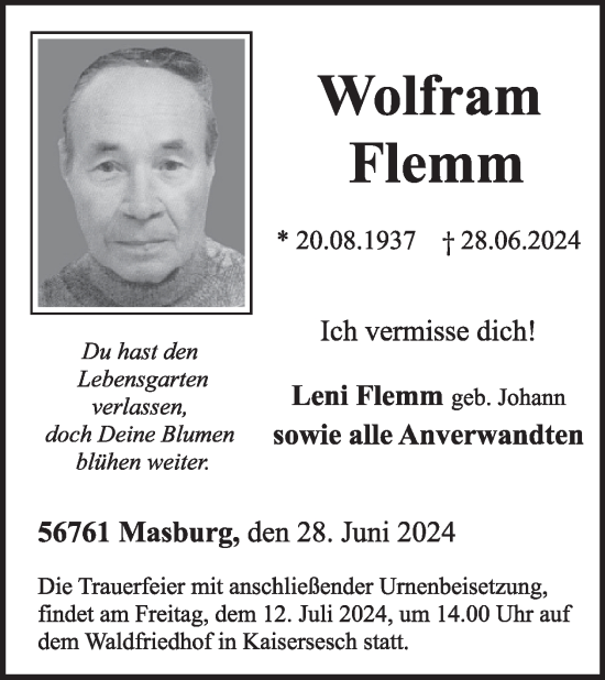 Traueranzeige von Wolfram Flemm von WochenSpiegel