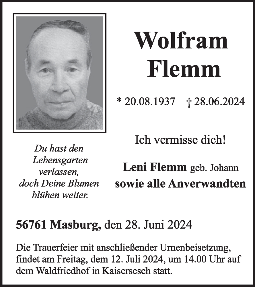  Traueranzeige für Wolfram Flemm vom 10.07.2024 aus WochenSpiegel