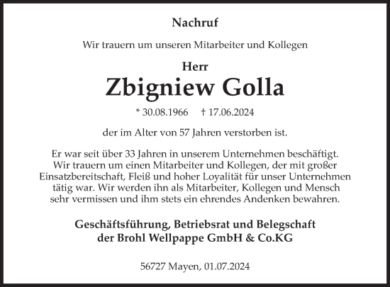 Traueranzeige von Zbigniew Golla von WochenSpiegel