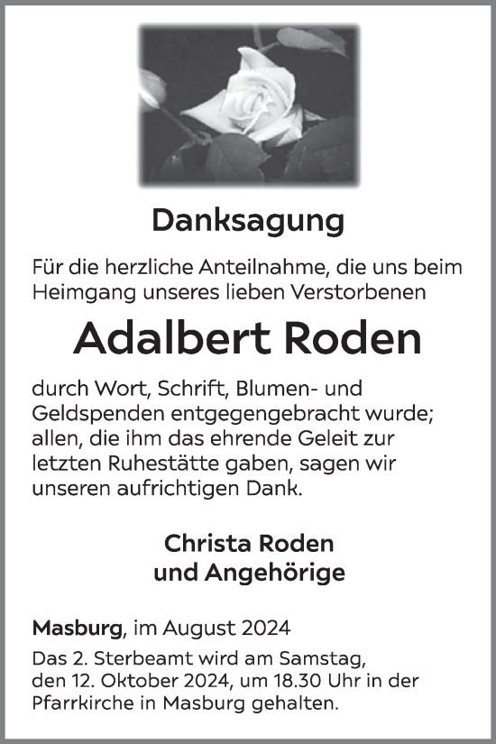 Traueranzeige von Adalbert Roden von WochenSpiegel