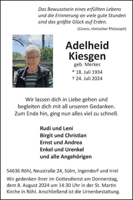 Traueranzeige von Adelheid Kiesgen von WochenSpiegel