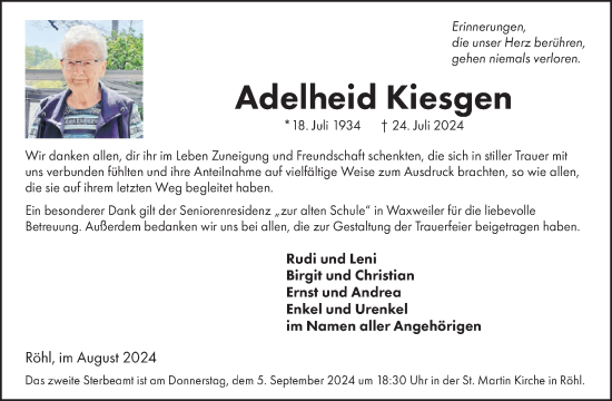 Traueranzeige von Adelheid Kiesgen von WochenSpiegel