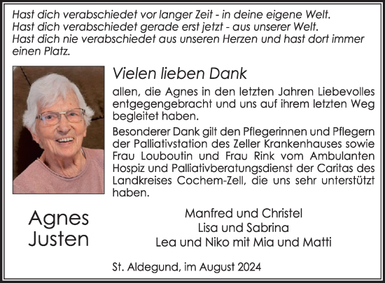 Traueranzeige von Agnes Justen von WochenSpiegel