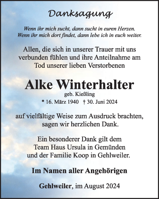 Traueranzeige von Alke Winterhalter von WochenSpiegel