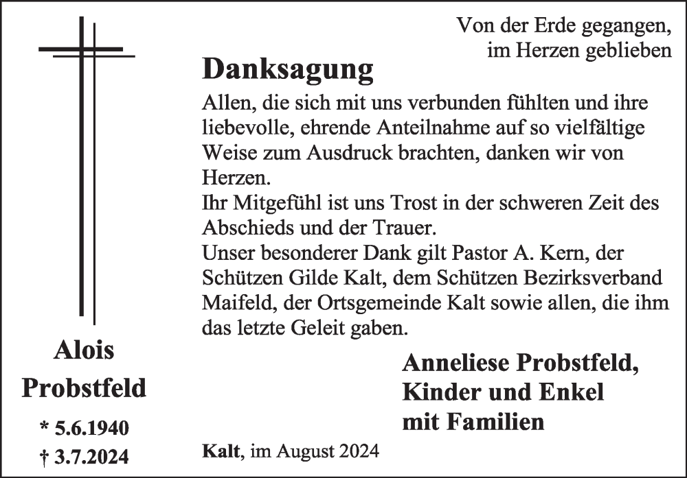  Traueranzeige für Alois Probstfeld vom 14.08.2024 aus WochenSpiegel