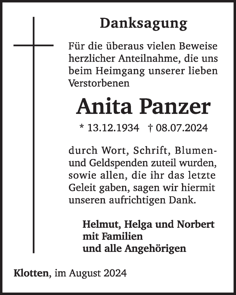  Traueranzeige für Anita Panzer vom 14.08.2024 aus WochenSpiegel