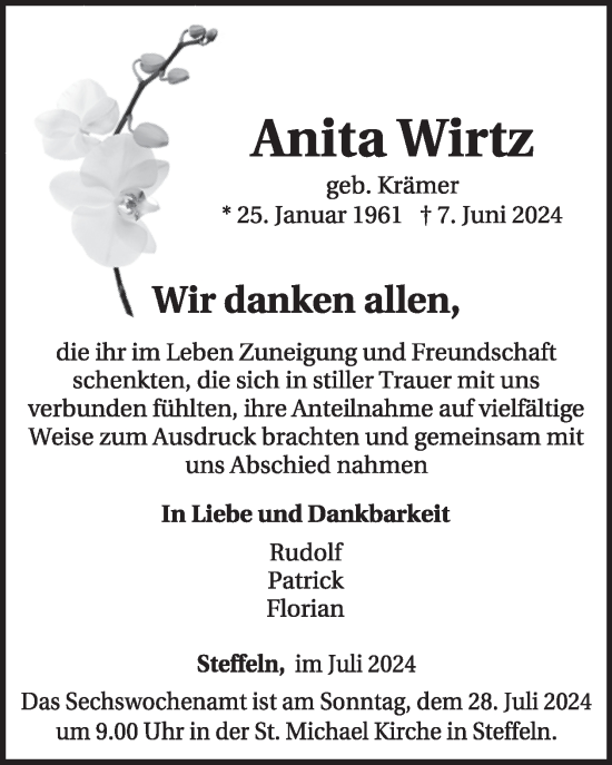 Traueranzeige von Anita Wirtz von WochenSpiegel