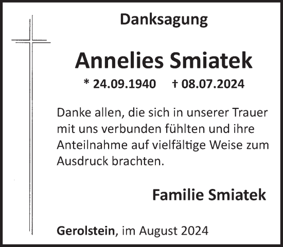 Traueranzeige von Annelies Smiatek von WochenSpiegel