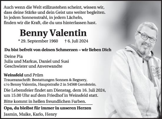 Traueranzeige von Benny Valentin von WochenSpiegel
