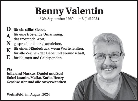 Traueranzeige von Benny Valentin von WochenSpiegel