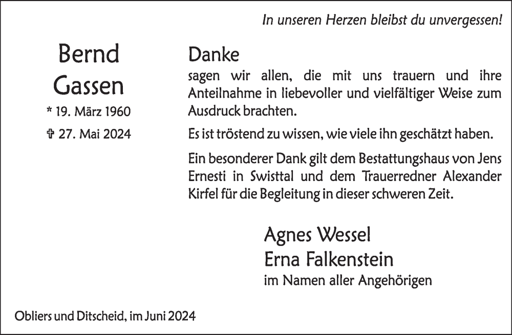  Traueranzeige für Bernd Gassen vom 27.07.2024 aus WochenSpiegel