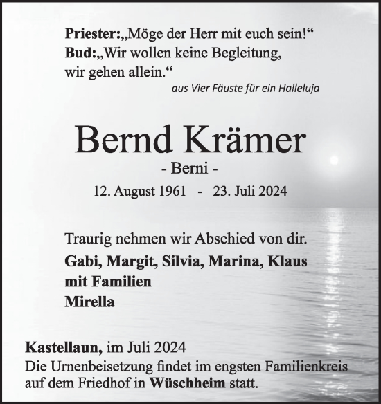 Traueranzeige von Bernd Krämer von WochenSpiegel