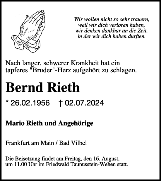 Traueranzeige von Bernd Rieth von WochenSpiegel