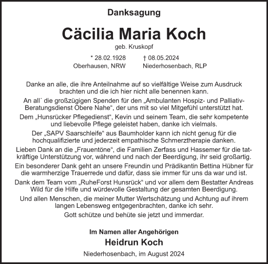 Traueranzeige von Cäcilia Maria Koch von WochenSpiegel