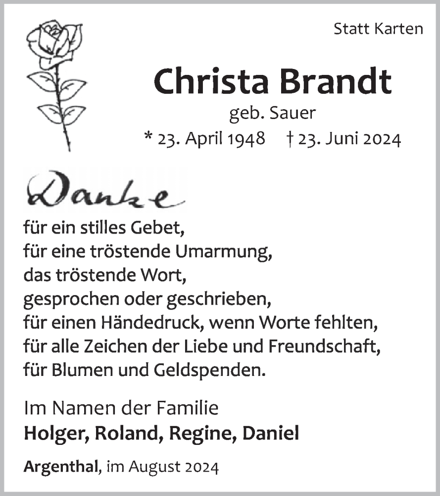  Traueranzeige für Christa Brandt vom 10.08.2024 aus WochenSpiegel