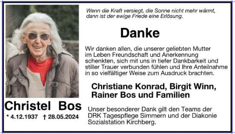  Traueranzeige für Christel Bos vom 03.08.2024 aus WochenSpiegel
