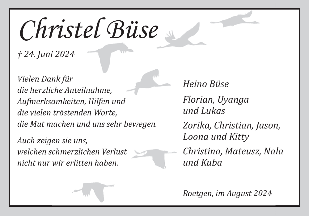  Traueranzeige für Christel Büse vom 27.08.2024 aus WochenSpiegel