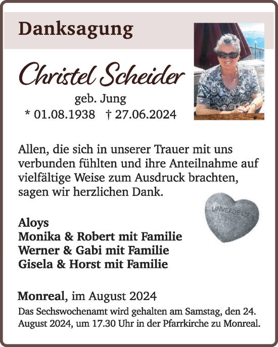 Traueranzeige von Christel Scheider von WochenSpiegel