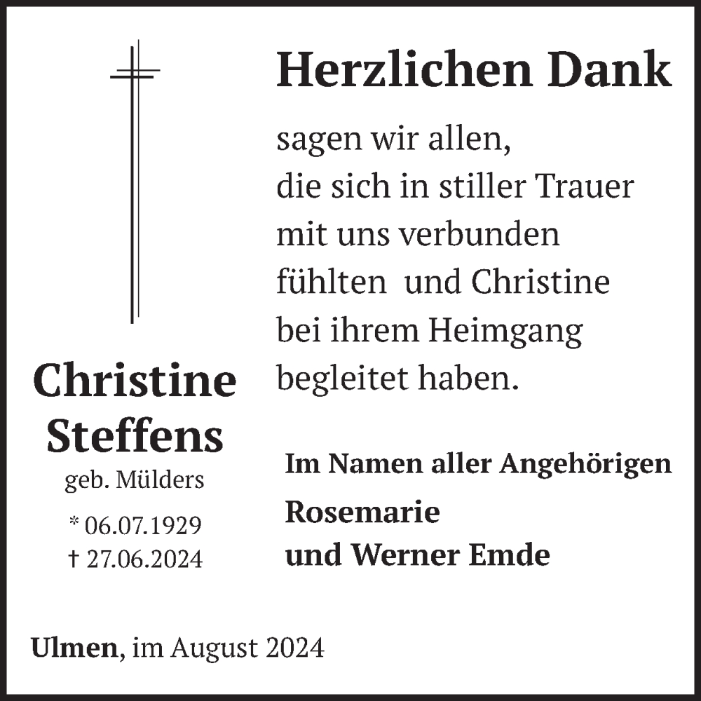  Traueranzeige für Christine Steffens vom 28.08.2024 aus WochenSpiegel