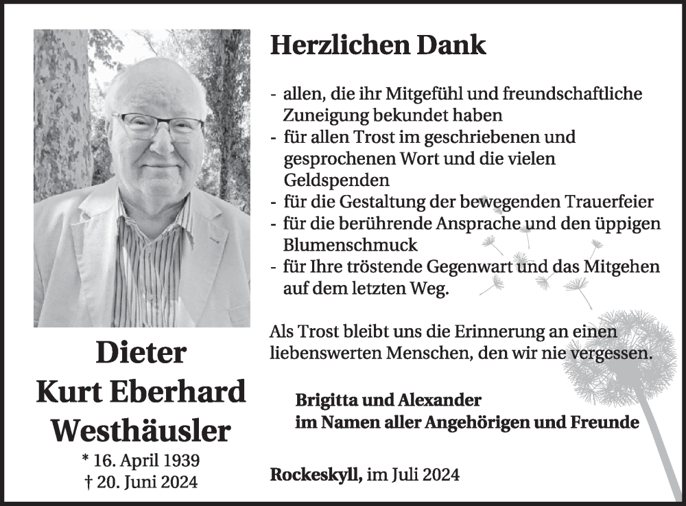  Traueranzeige für Dieter Kurt Eberhard Westhäusler vom 03.08.2024 aus WochenSpiegel