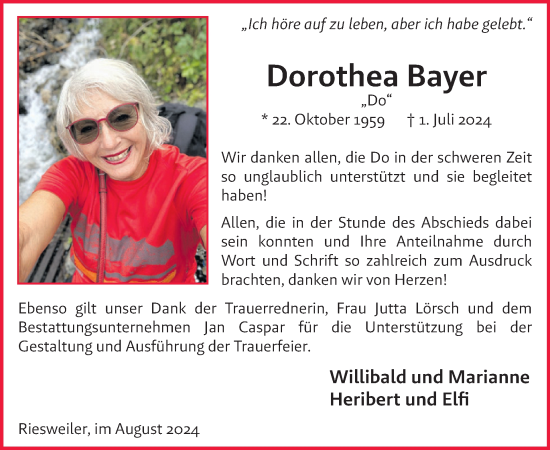 Traueranzeige von Dorothea Bayer von WochenSpiegel