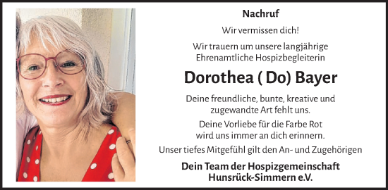 Traueranzeige von Dorothea Bayer von WochenSpiegel
