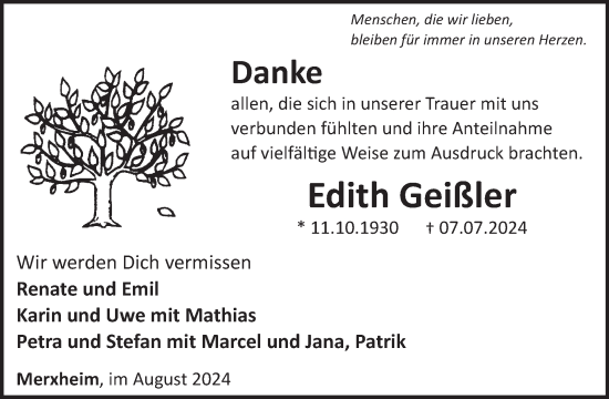 Traueranzeige von Edith Geißler von WochenSpiegel