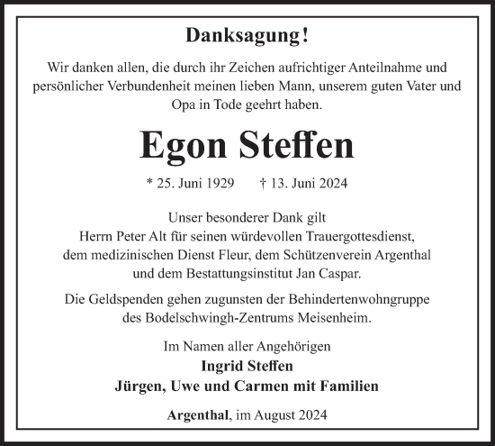 Traueranzeige von Egon Steffen von WochenSpiegel