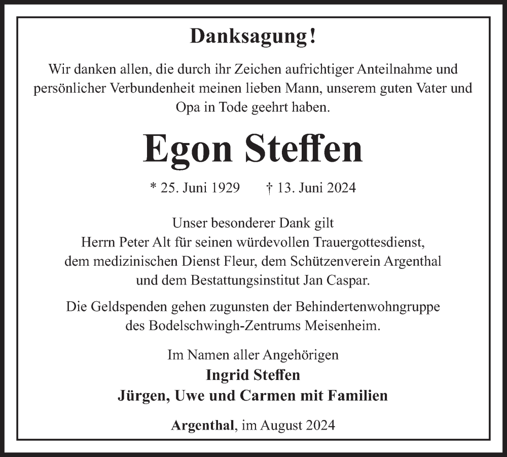  Traueranzeige für Egon Steffen vom 03.08.2024 aus WochenSpiegel