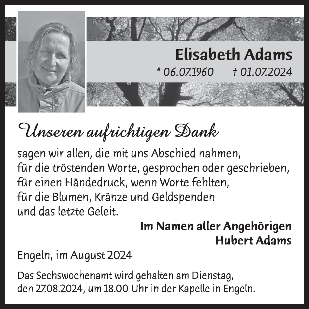  Traueranzeige für Elisabeth Adams vom 21.08.2024 aus WochenSpiegel