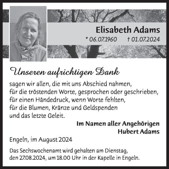 Traueranzeige von Elisabeth Adams von WochenSpiegel