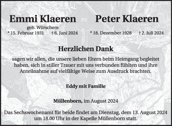 Traueranzeige von Emmi Klaeren von WochenSpiegel