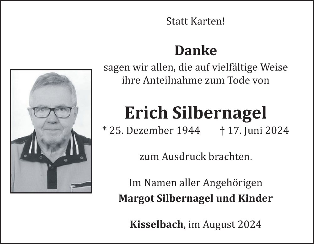  Traueranzeige für Erich Silbernagel vom 10.08.2024 aus WochenSpiegel