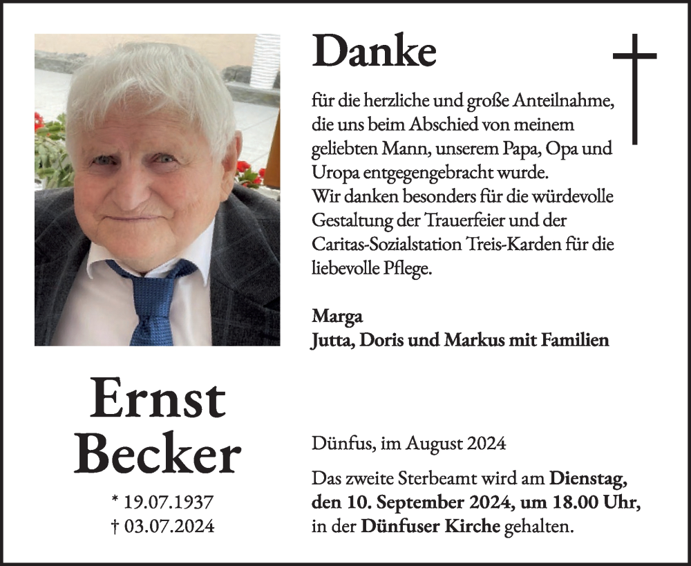  Traueranzeige für Ernst Becker vom 21.08.2024 aus WochenSpiegel