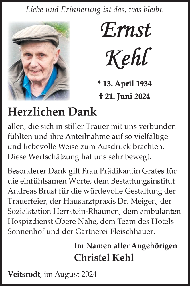  Traueranzeige für Ernst Kehl vom 17.08.2024 aus WochenSpiegel