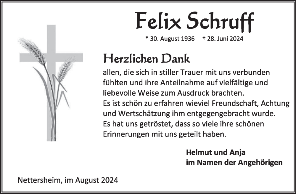  Traueranzeige für Felix Schruff vom 14.08.2024 aus WochenSpiegel