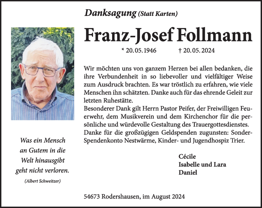  Traueranzeige für Franz-Josef Follmann vom 23.08.2024 aus WochenSpiegel