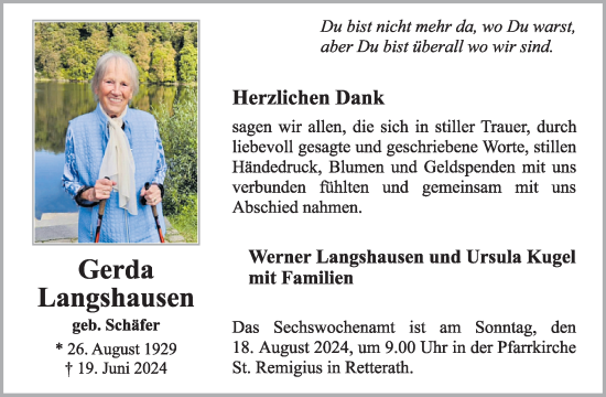 Traueranzeige von Gerda Langshausen von WochenSpiegel