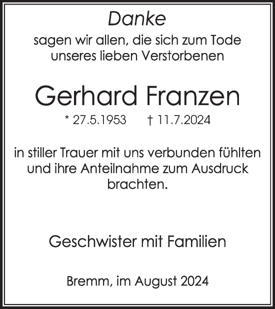 Traueranzeige von Gerhard Franzen von WochenSpiegel
