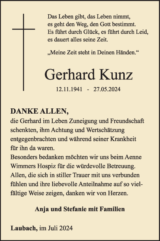 Traueranzeige von Gerhard Kunz von WochenSpiegel