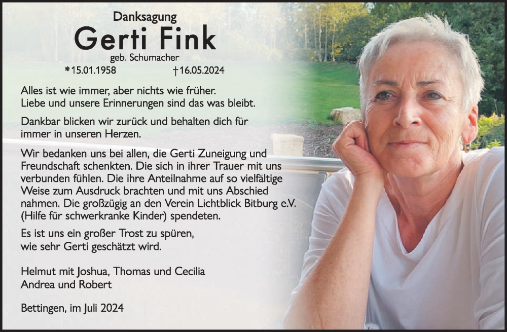  Traueranzeige für Gerti Fink vom 02.08.2024 aus WochenSpiegel