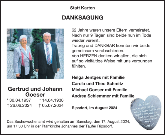 Traueranzeige von Gertrud Goeser von WochenSpiegel