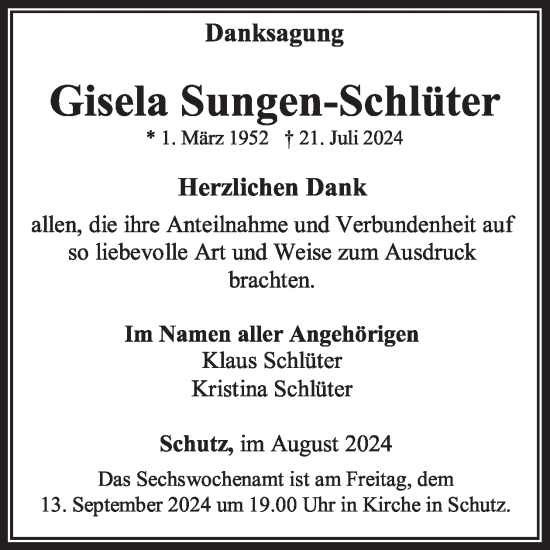 Traueranzeige von Gisela Sungen-Schlüter von WochenSpiegel