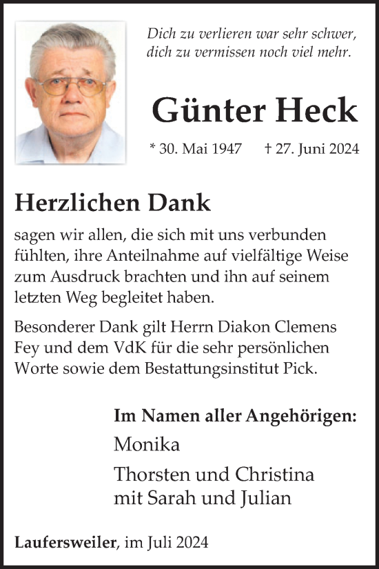 Traueranzeige von Günter Heck von WochenSpiegel