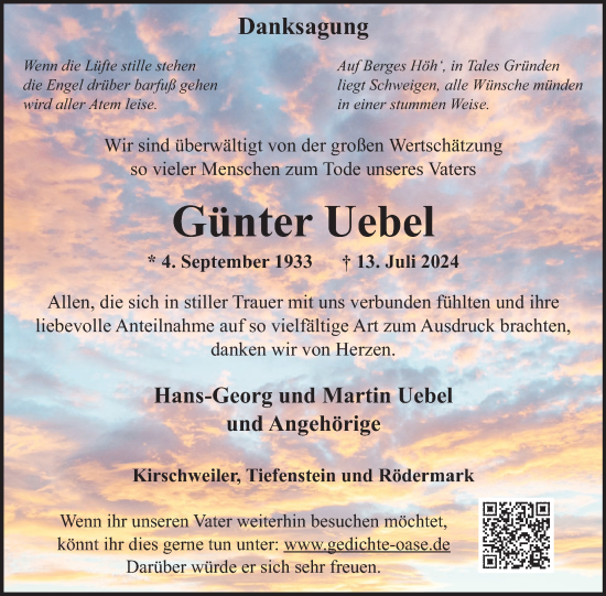 Traueranzeige von Günter Uebel von WochenSpiegel